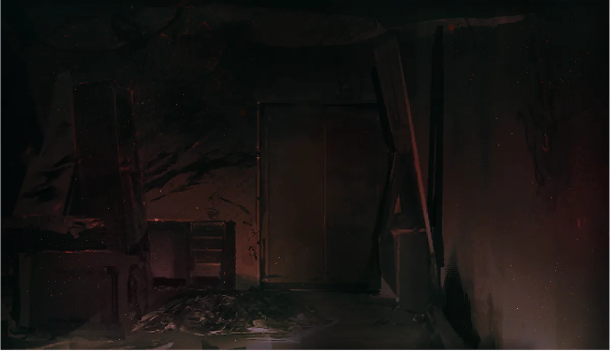 A damaged, dimly lit room and doorway inside the buried research facility